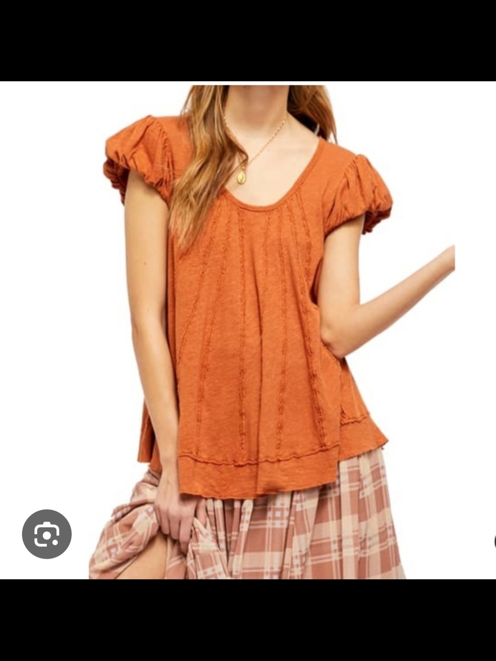 We The Free Rust Orange Puff-Sleeve Scoop Neck Top
